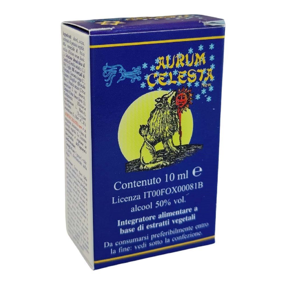 Scatola blu con stampa del prodotto. Scritta: Aurum Celesta, contenuto 10 ml. Immagine di un lupo e del sole.