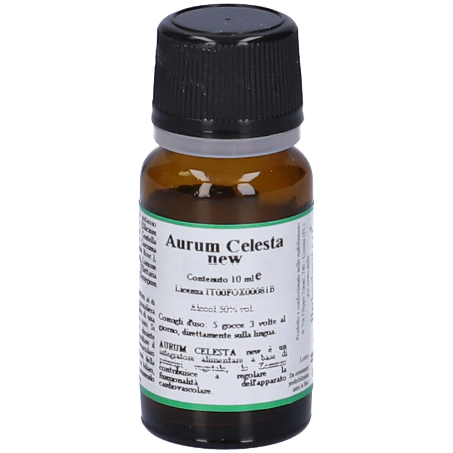 Flacone di vetro marrone con tappo nero. Scritta: Aurum Celesta new, contenuto 10 ml. Etichetta con testo.