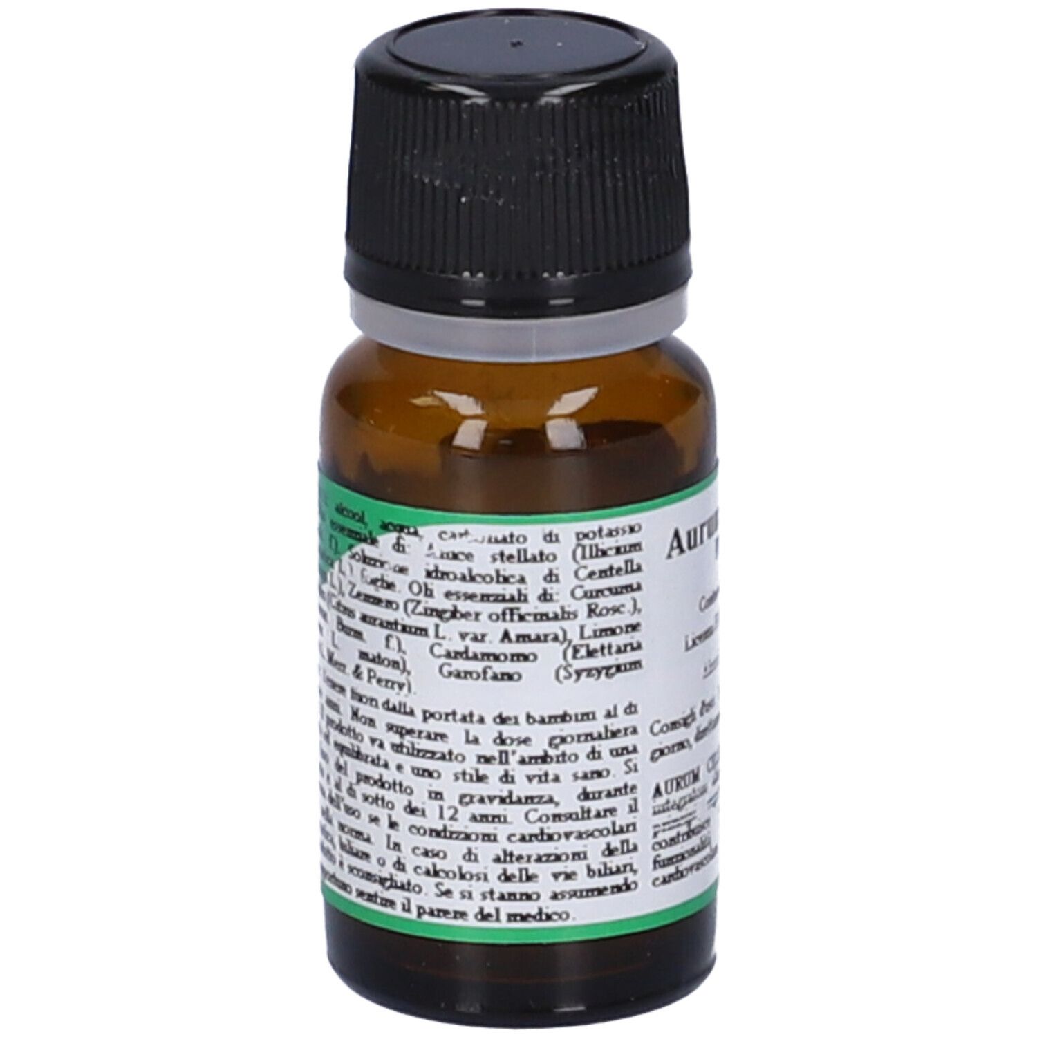 Flacone di vetro marrone con tappo nero. Etichetta con ingredienti e avvertenze. Testo in italiano.