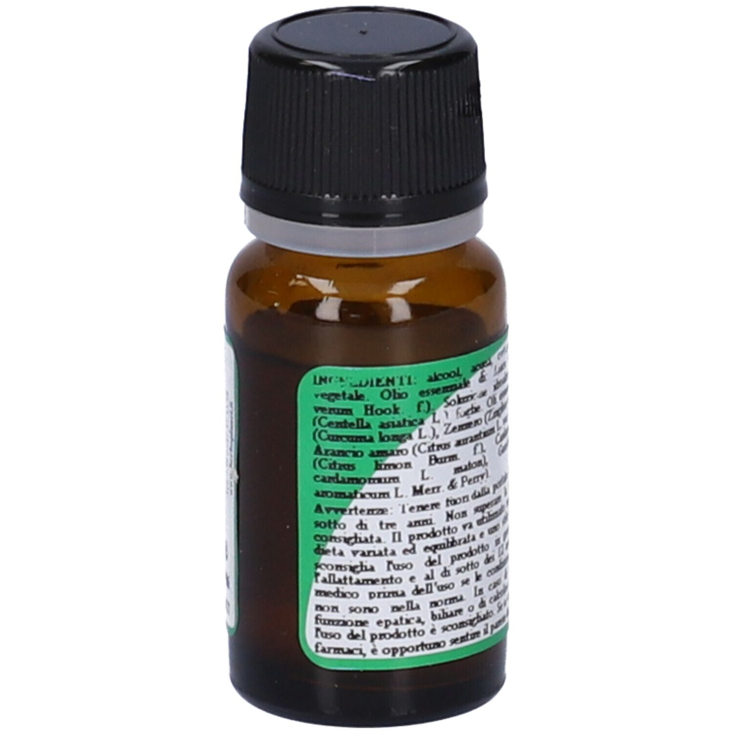 Flacone di vetro marrone con tappo nero. Etichetta con ingredienti. Testo in italiano.