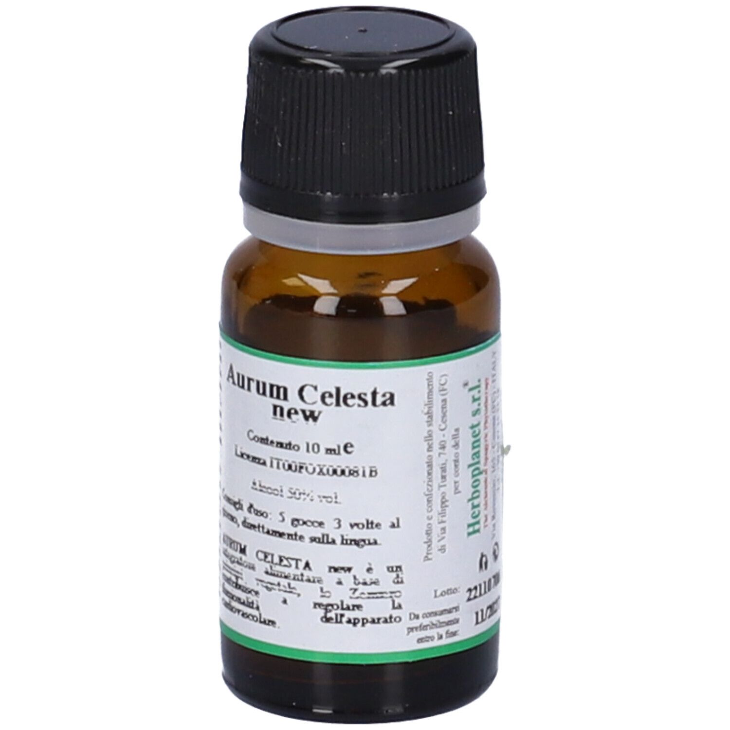 Flacone di vetro marrone con tappo nero. Scritta: Aurum Celesta new, contenuto 10 ml. Etichetta con testo.
