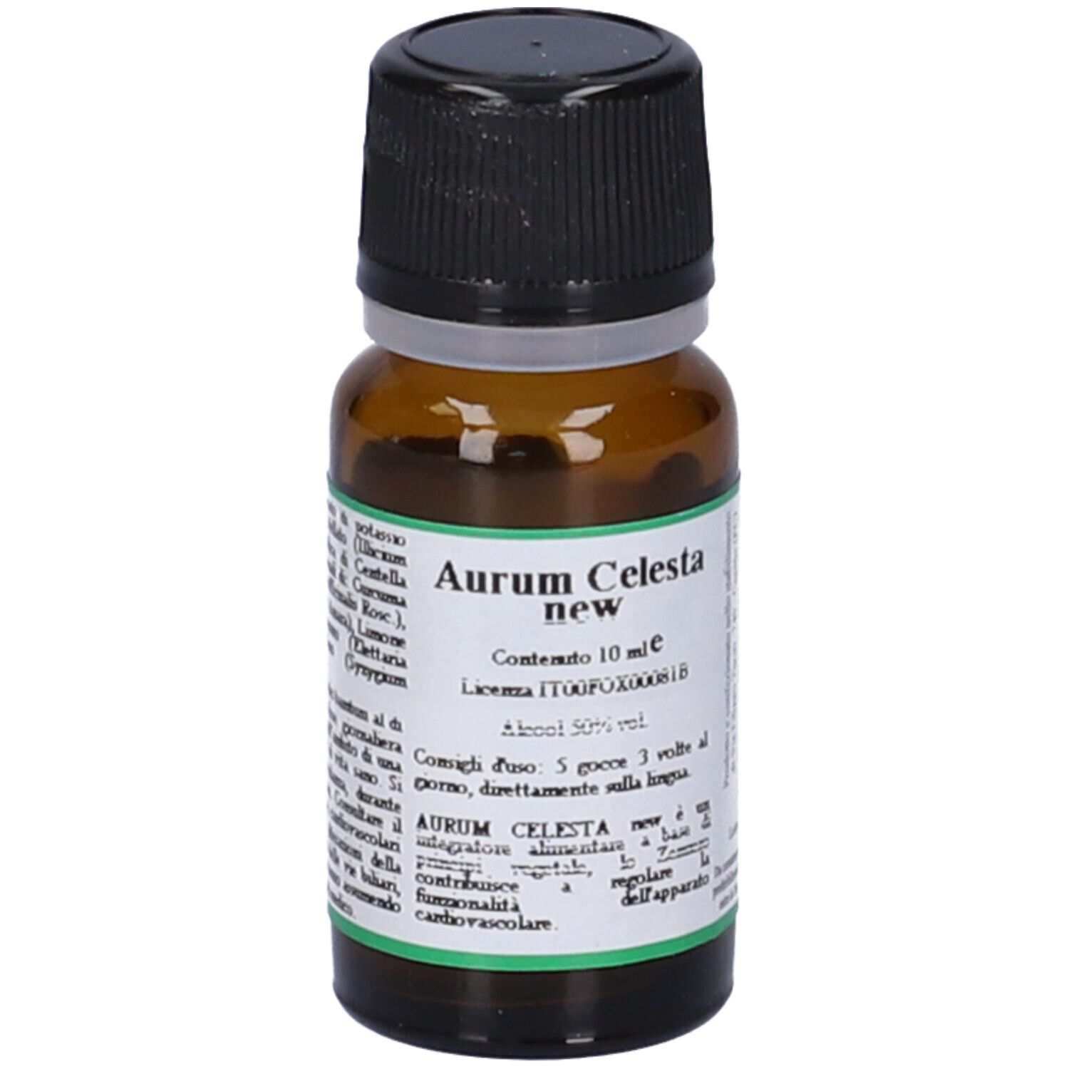 Flacone di vetro marrone con tappo nero. Scritta: Aurum Celesta new, contenuto 10 ml. Etichetta con testo.