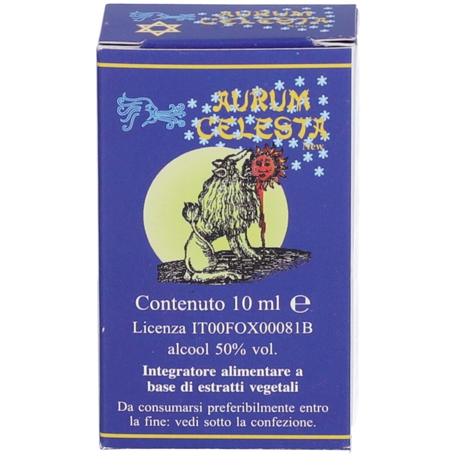 Scatola blu con stampa del prodotto. Scritta: Aurum Celesta, contenuto 10 ml. Immagine di un lupo e del sole.
