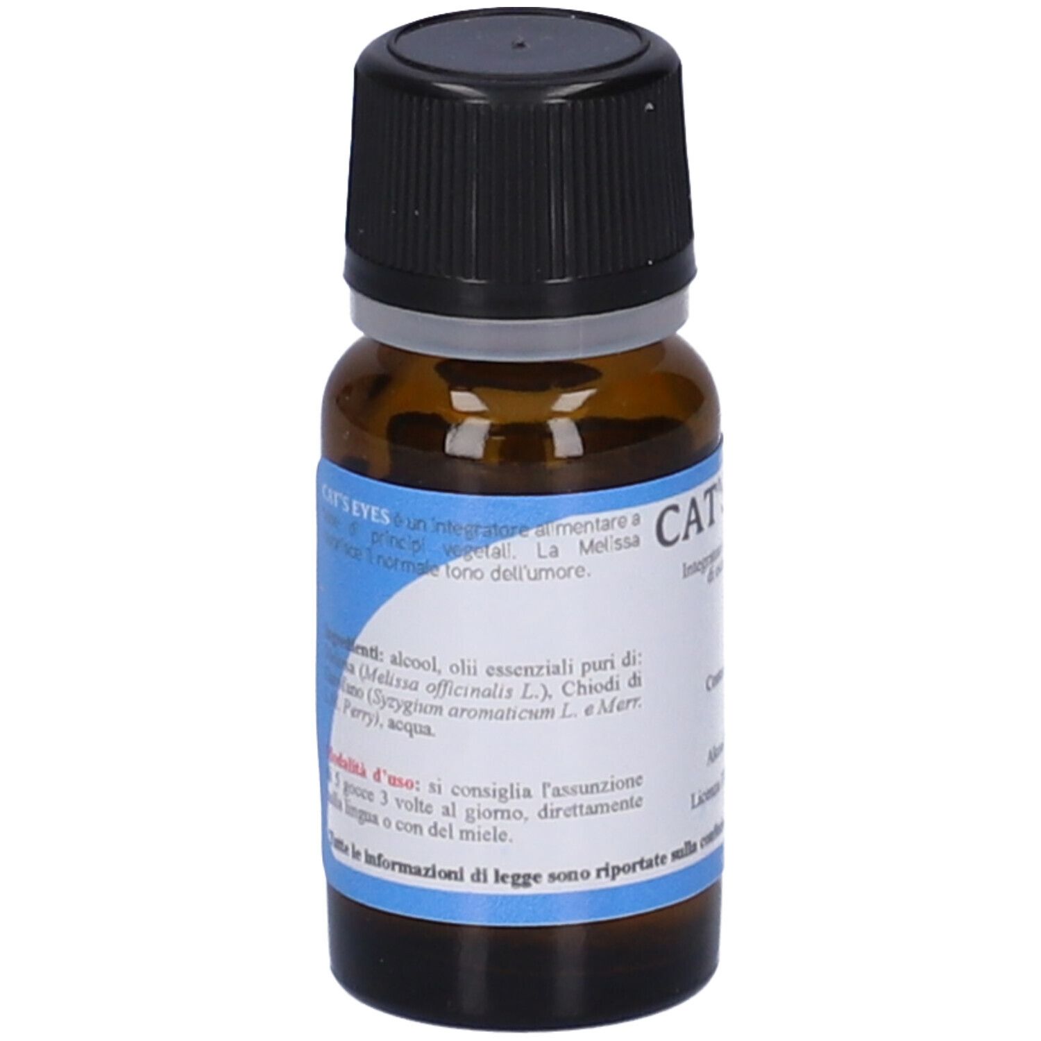 Braune Glasflasche mit schwarzem Deckel. Etikett mit Text und Inhaltsstoffen. Produktname: CAT'S EYES.