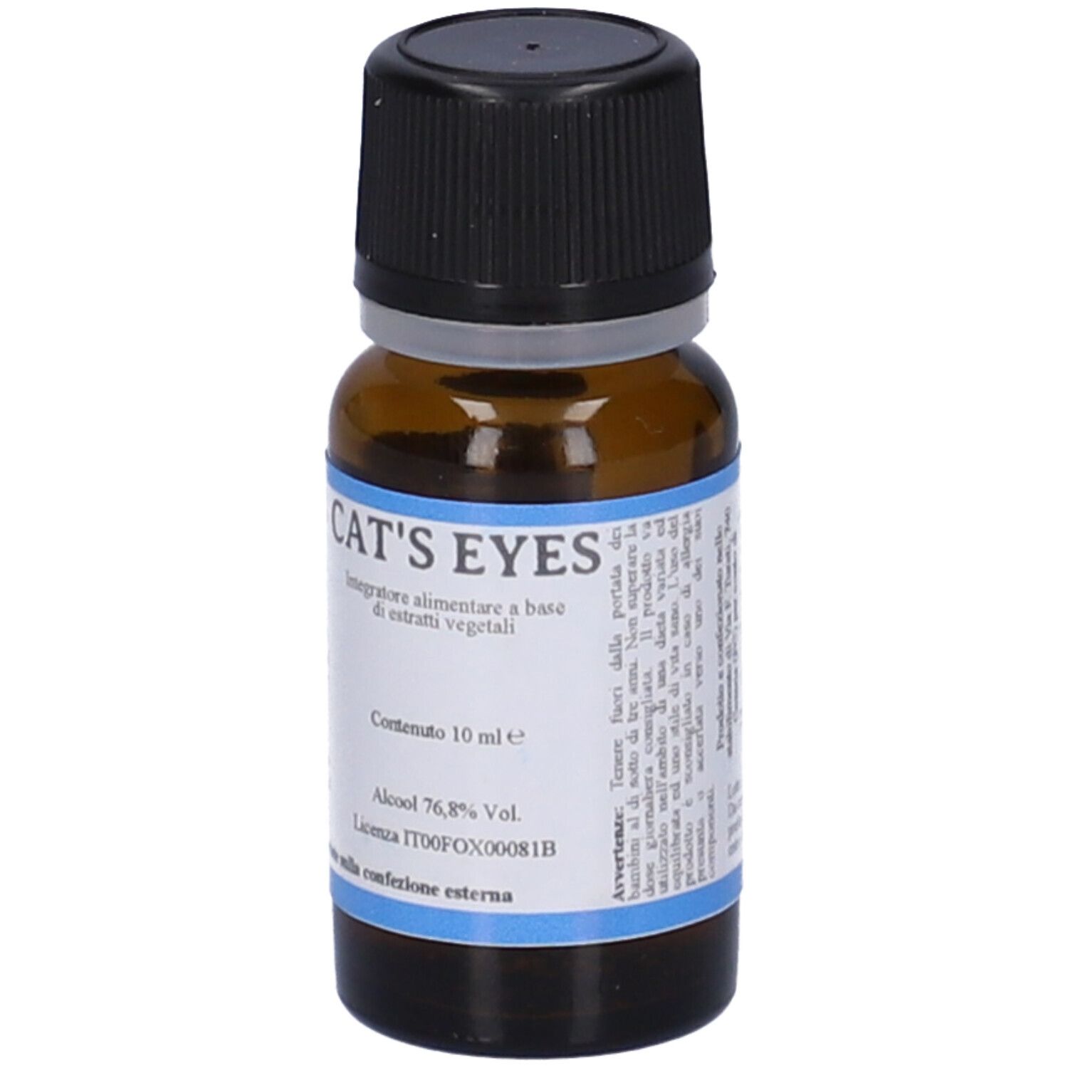 Braune Glasflasche mit schwarzem Deckel. Etikett mit Text: CAT'S EYES, Inhalt 10 ml, Alkohol 76,8%.