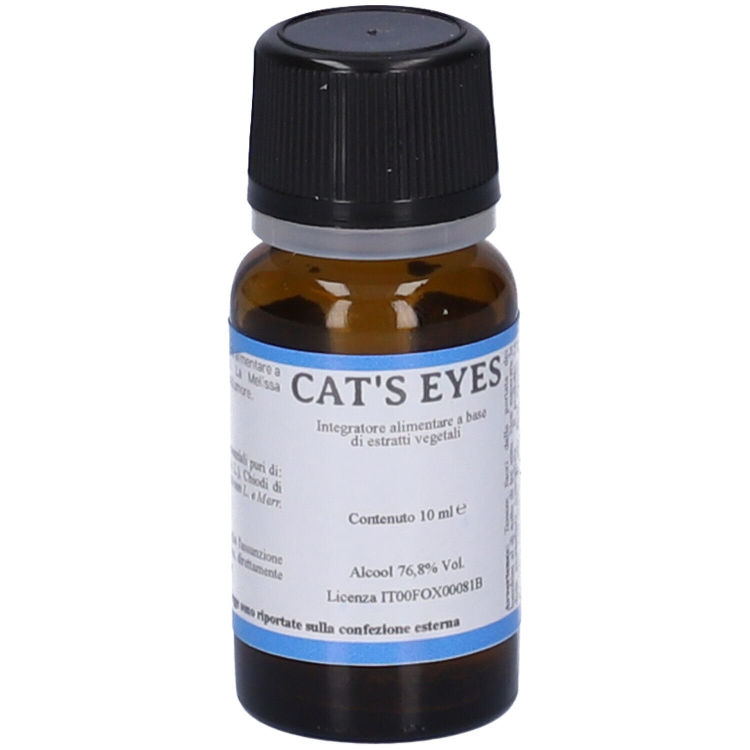 Braune Glasflasche mit schwarzem Deckel. Etikett mit Text: CAT'S EYES, Inhalt 10 ml, Alkohol 76,8%.