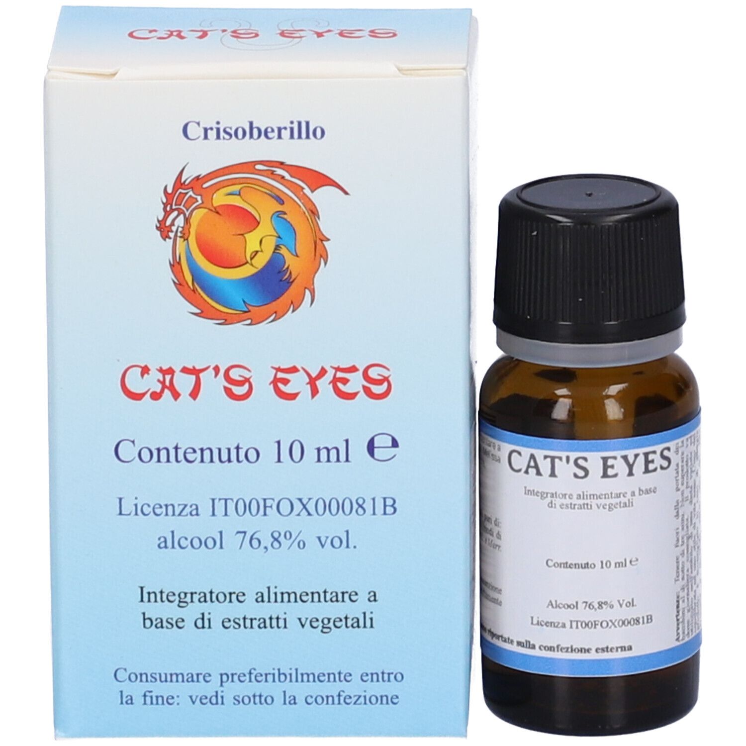 Produktflasche und Schachtel. Schachtel mit Text: CAT'S EYES, Inhalt 10 ml, Alkohol 76,8%.