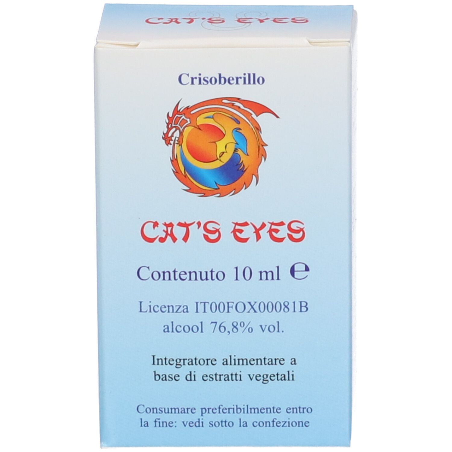Produktverpackung. Schachtel mit Text: CAT'S EYES, Inhalt 10 ml, Alkohol 76,8%.