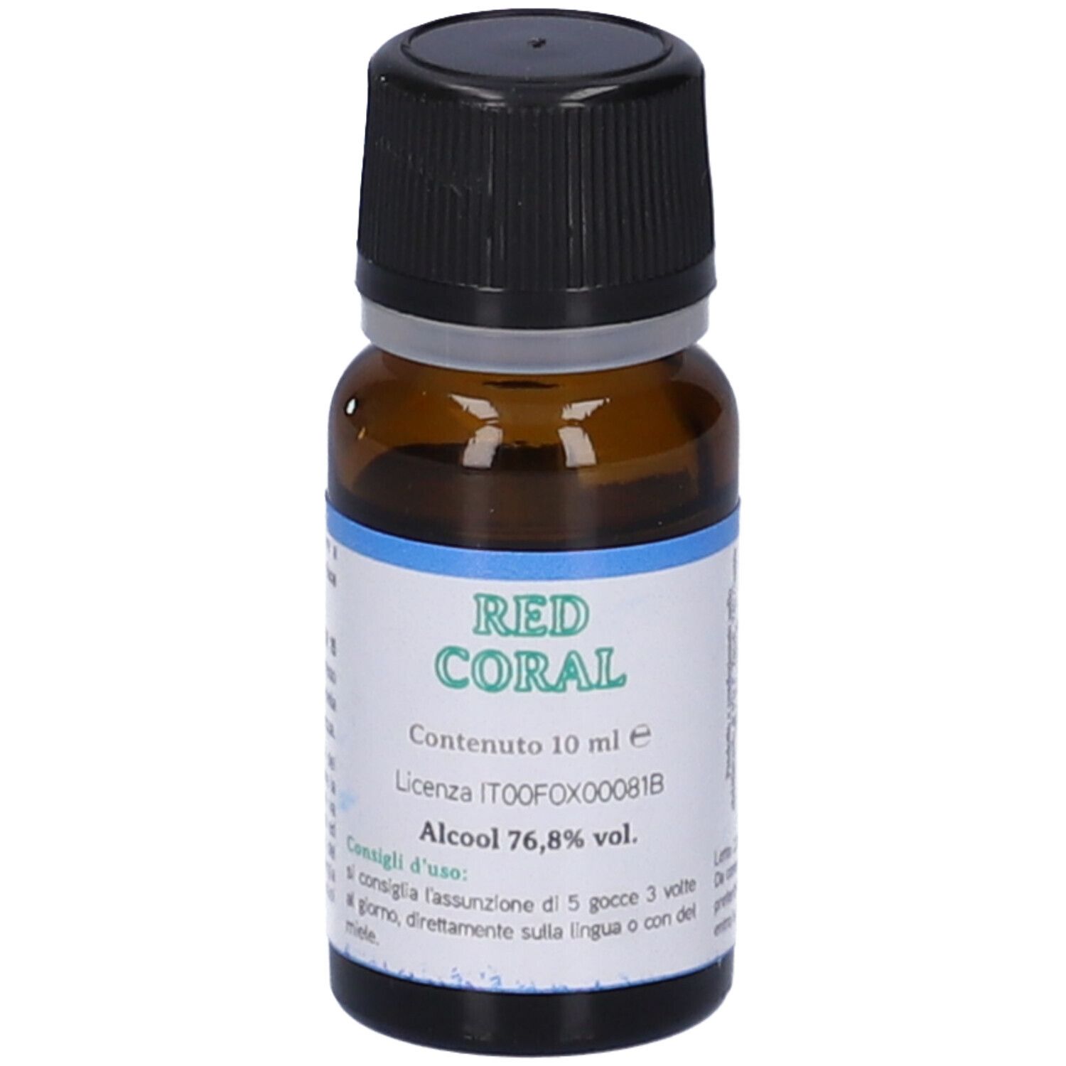 Braune Glasflasche mit schwarzem Deckel. Aufkleber mit Text: RED CORAL, 10 ml, Alkohol 76,8 % vol.