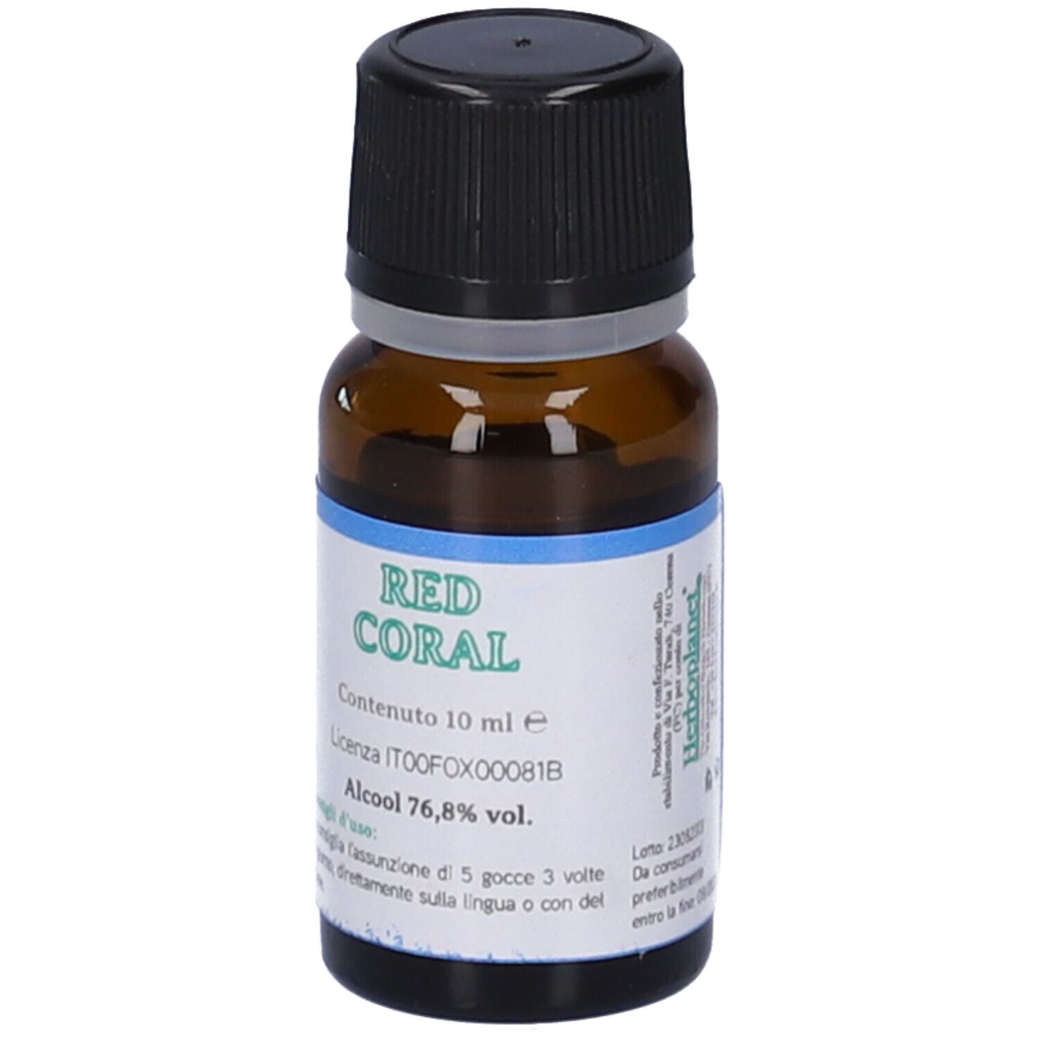 Braune Glasflasche mit schwarzem Deckel. Aufkleber mit Text: RED CORAL, 10 ml, Alkohol 76,8 % vol.