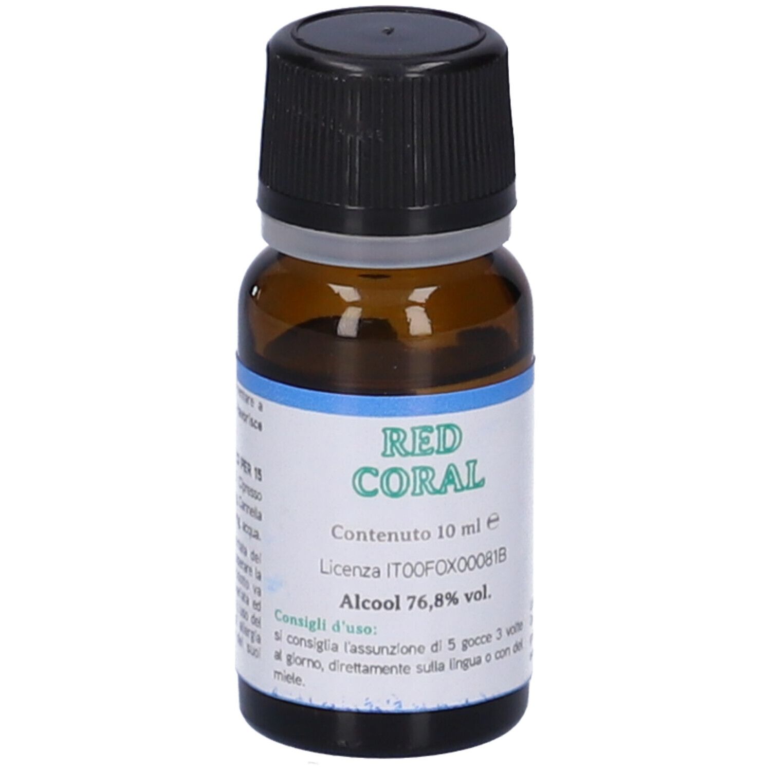 Braune Glasflasche mit schwarzem Deckel. Aufkleber mit Text: RED CORAL, 10 ml, Alkohol 76,8 % vol.