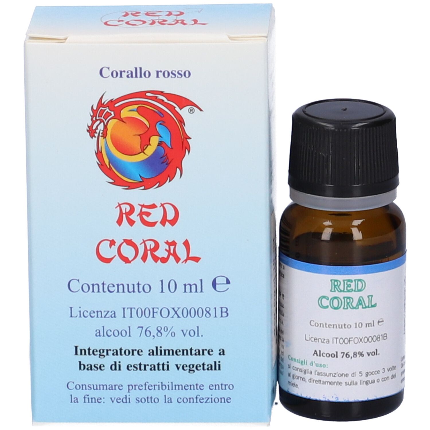 Braune Glasflasche mit schwarzem Deckel neben einer weißen Schachtel. Aufschrift: RED CORAL, 10 ml.