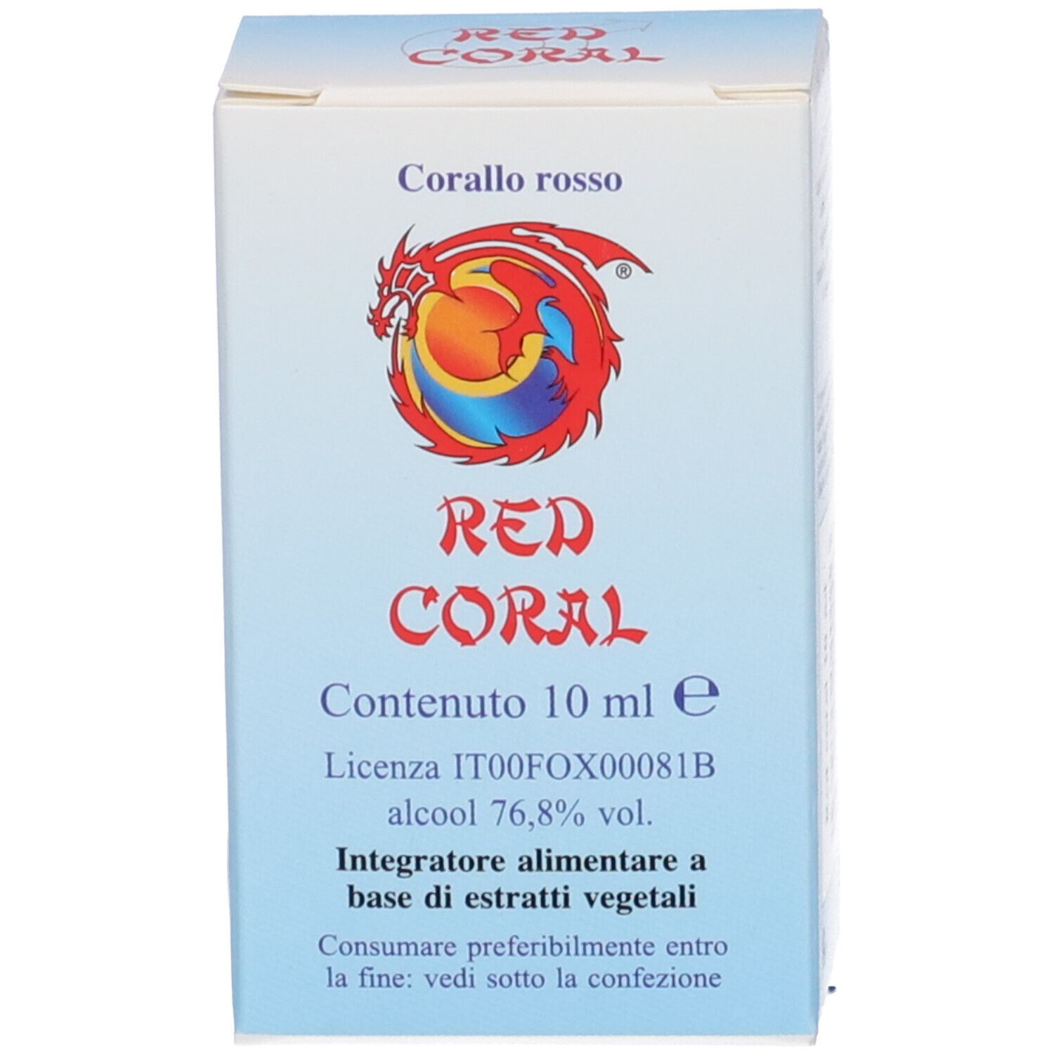 Weiße Schachtel mit Text und Logo: RED CORAL, 10 ml. Abbildung eines Drachen.