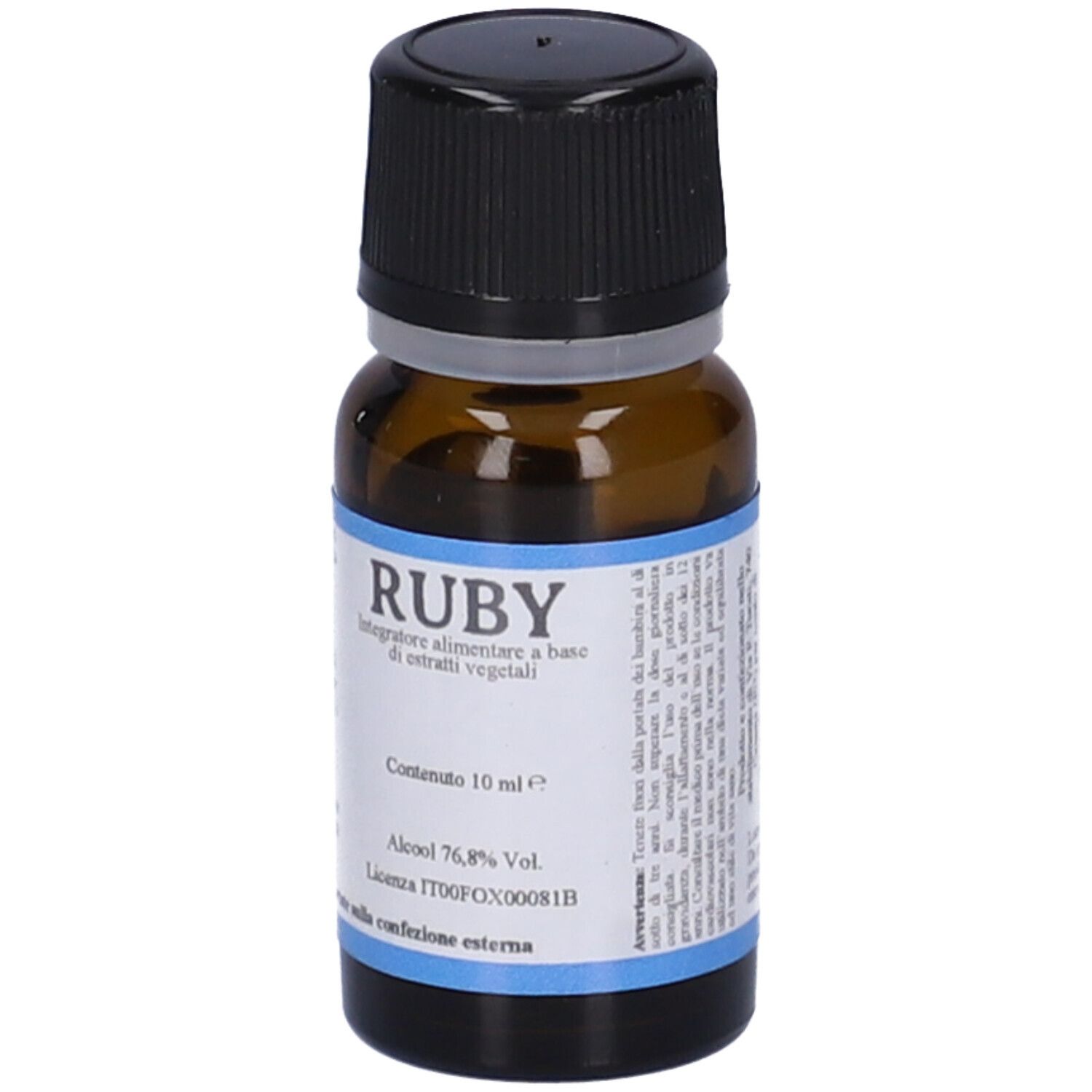 Braune Glasflasche mit schwarzem Deckel. Etikett mit Produktnamen RUBY und weiteren Informationen.