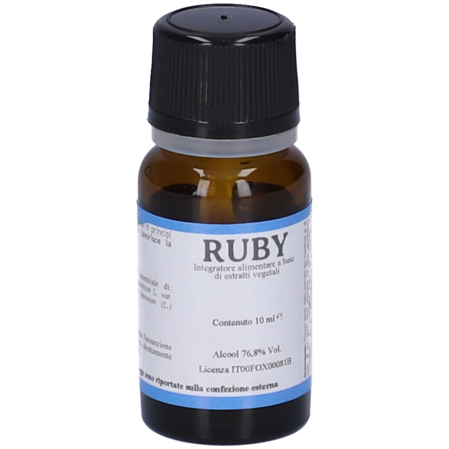Braune Glasflasche mit schwarzem Deckel. Etikett mit Produktnamen RUBY und weiteren Informationen.