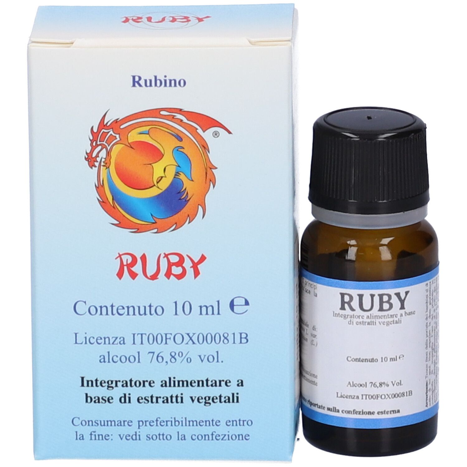 Produktflasche neben einer weißen Schachtel. Auf der Schachtel steht RUBY und weitere Informationen.