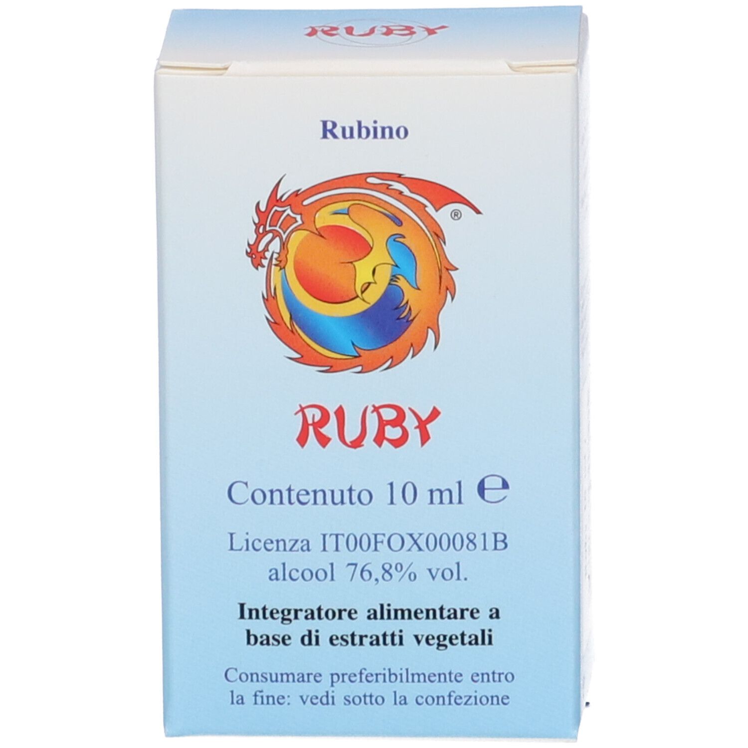 Weiße Schachtel mit Produktnamen RUBY und einem roten Drachen-Logo. Enthält Produktinformationen.