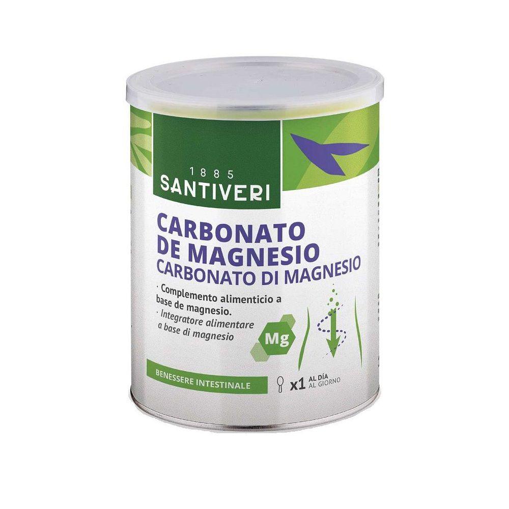 Barattolo rotondo con coperchio bianco. Scritta: Carbonato de Magnesio. Marchio: Santiveri. Confezione verde e bianca.