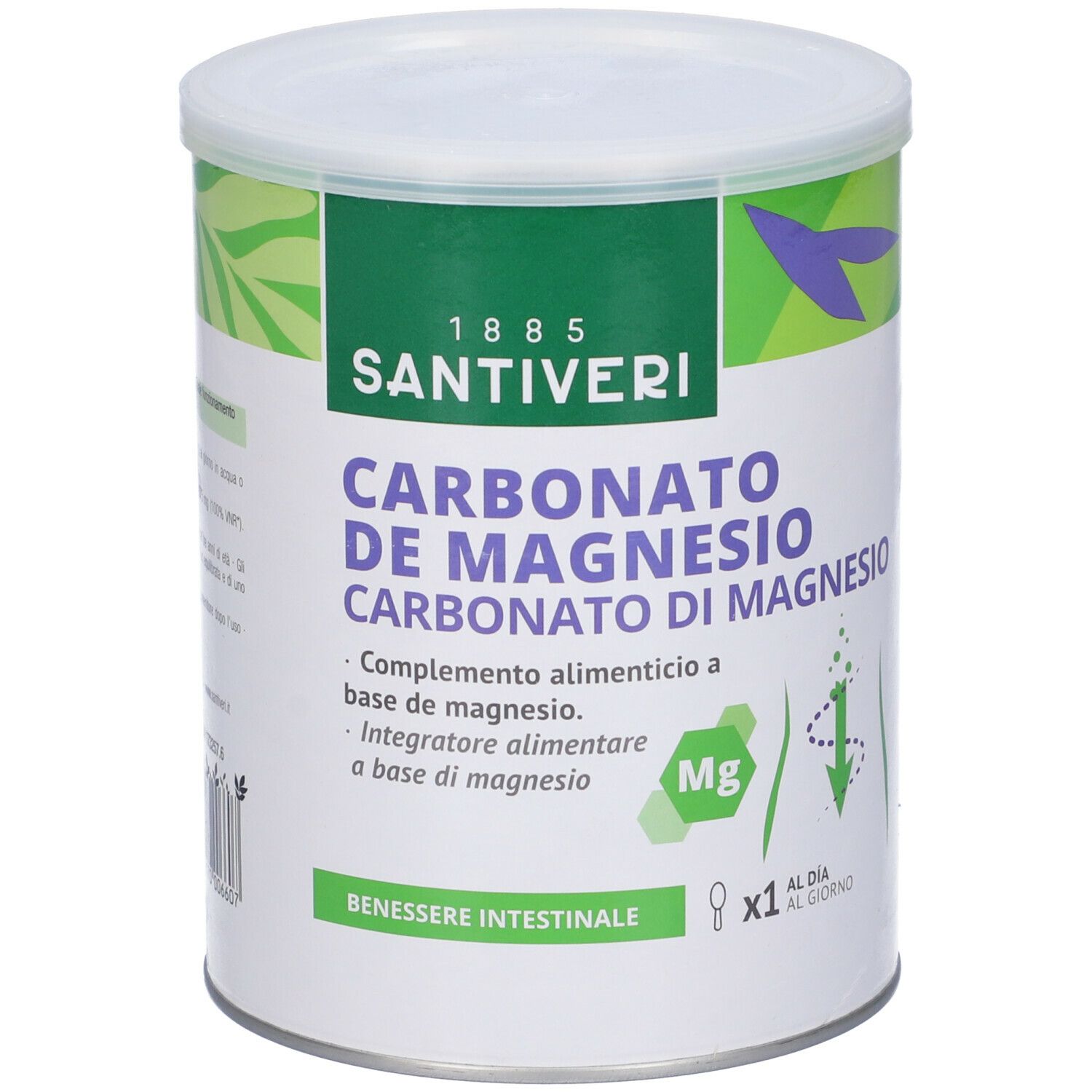 Barattolo rotondo con coperchio bianco. Scritta: Carbonato de Magnesio. Marchio: Santiveri. Confezione verde e bianca.