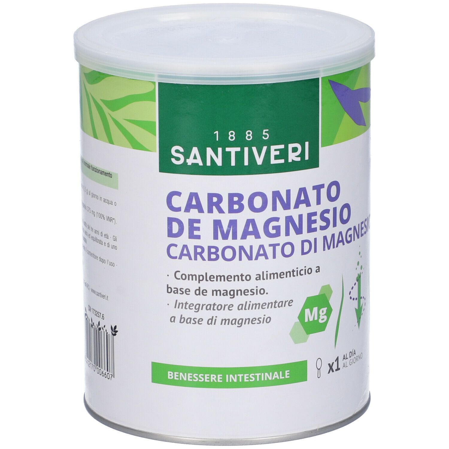 Barattolo rotondo con coperchio bianco. Scritta: Carbonato de Magnesio. Marchio: Santiveri. Confezione verde e bianca.