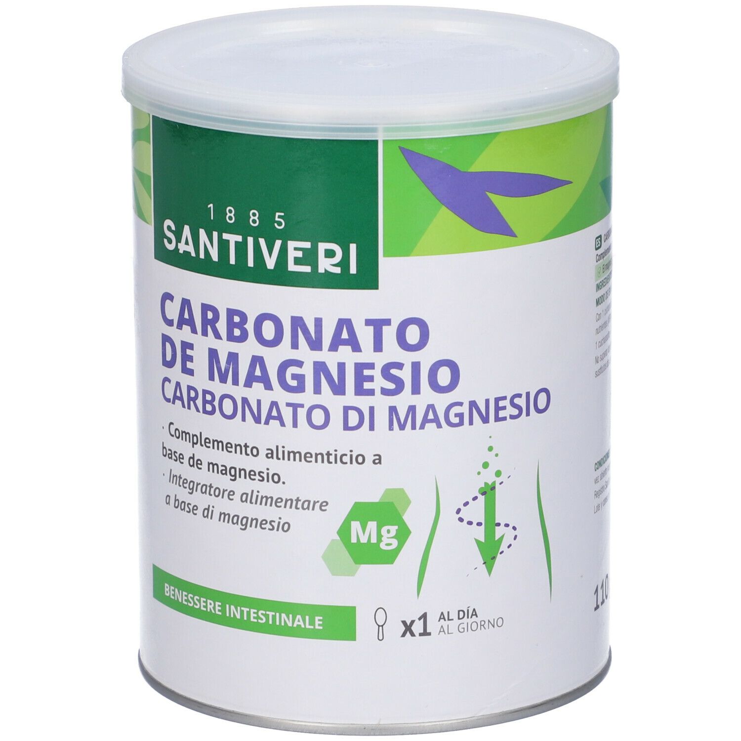 Barattolo rotondo con coperchio bianco. Scritta: Carbonato de Magnesio. Marchio: Santiveri. Confezione verde e bianca.