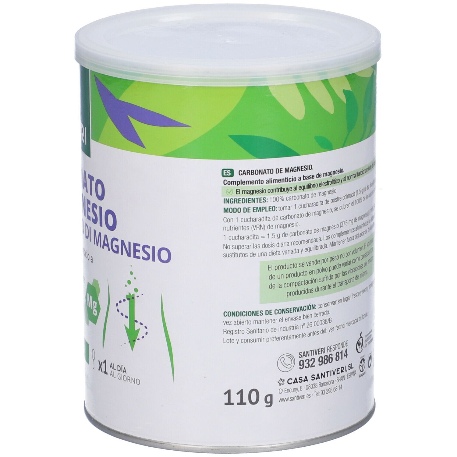 Barattolo rotondo con coperchio bianco. Retro con testo. Scritta: Carbonato de Magnesio. Marchio: Santiveri. 110g.