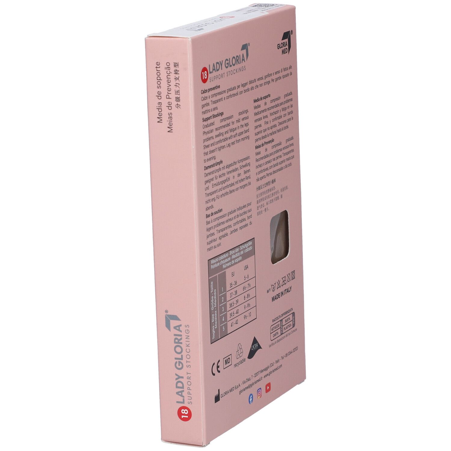 Lady Gloria Support Stockings Box mit Größentabelle.