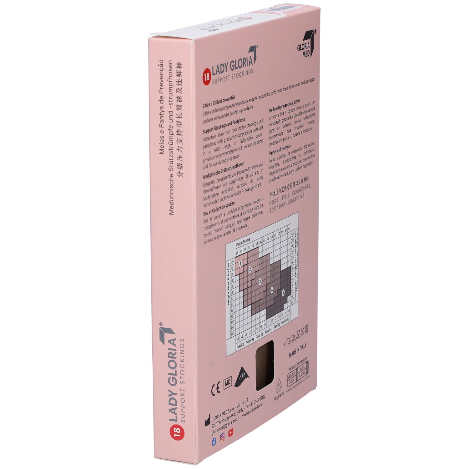 Rückseite der Verpackung von Ladygloria Stützstrümpfen. Informationen und Größentabelle.