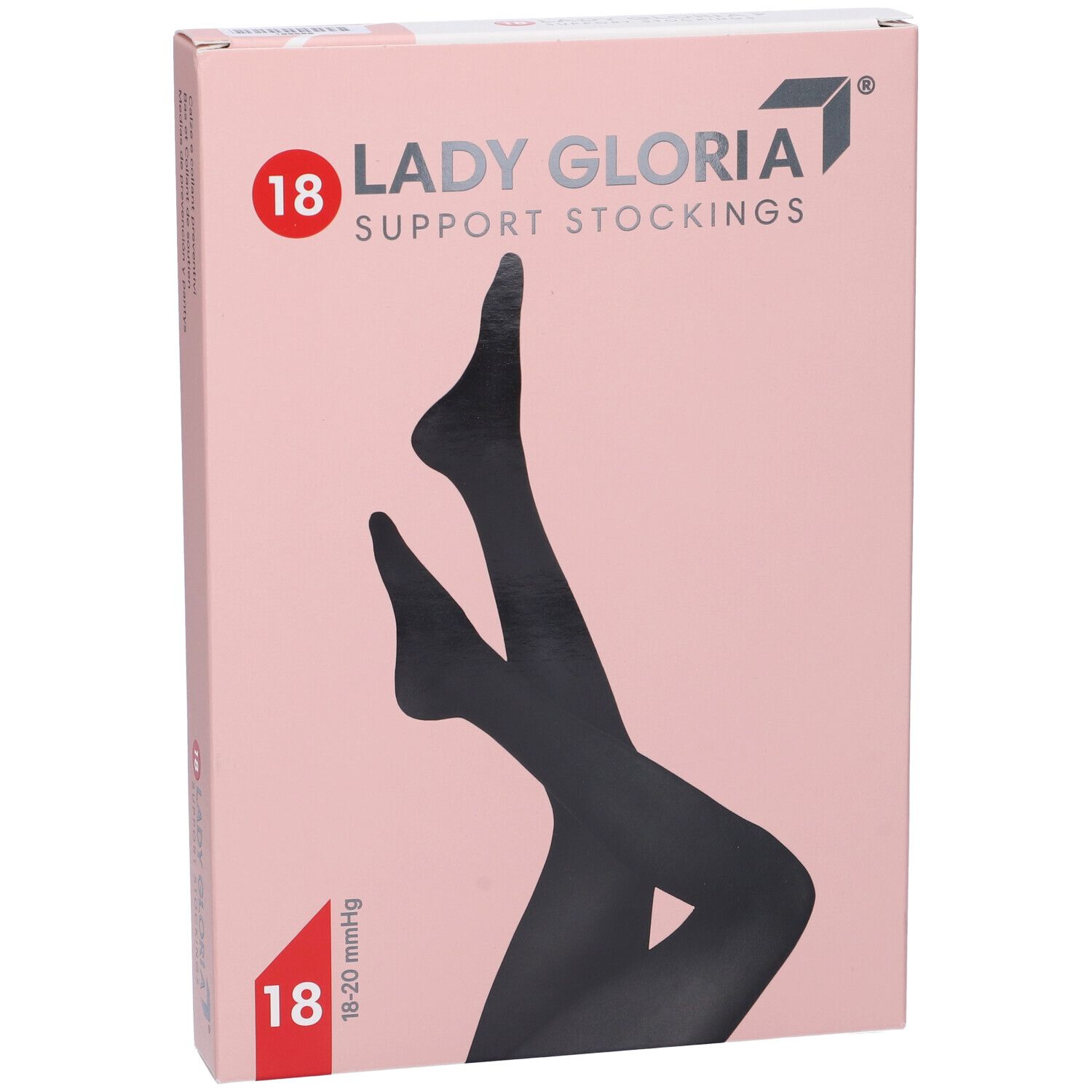 Verpackung von Ladygloria Stützstrümpfen. Schwarze Strümpfe abgebildet. Aufdruck: 18-20 mmHg.