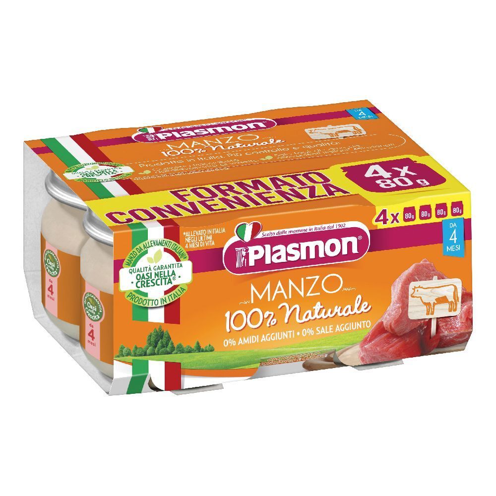 Confezione da quattro vasetti Plasmon® MANZO, 100% naturale. Confezione arancione con informazioni e bandiera italiana.