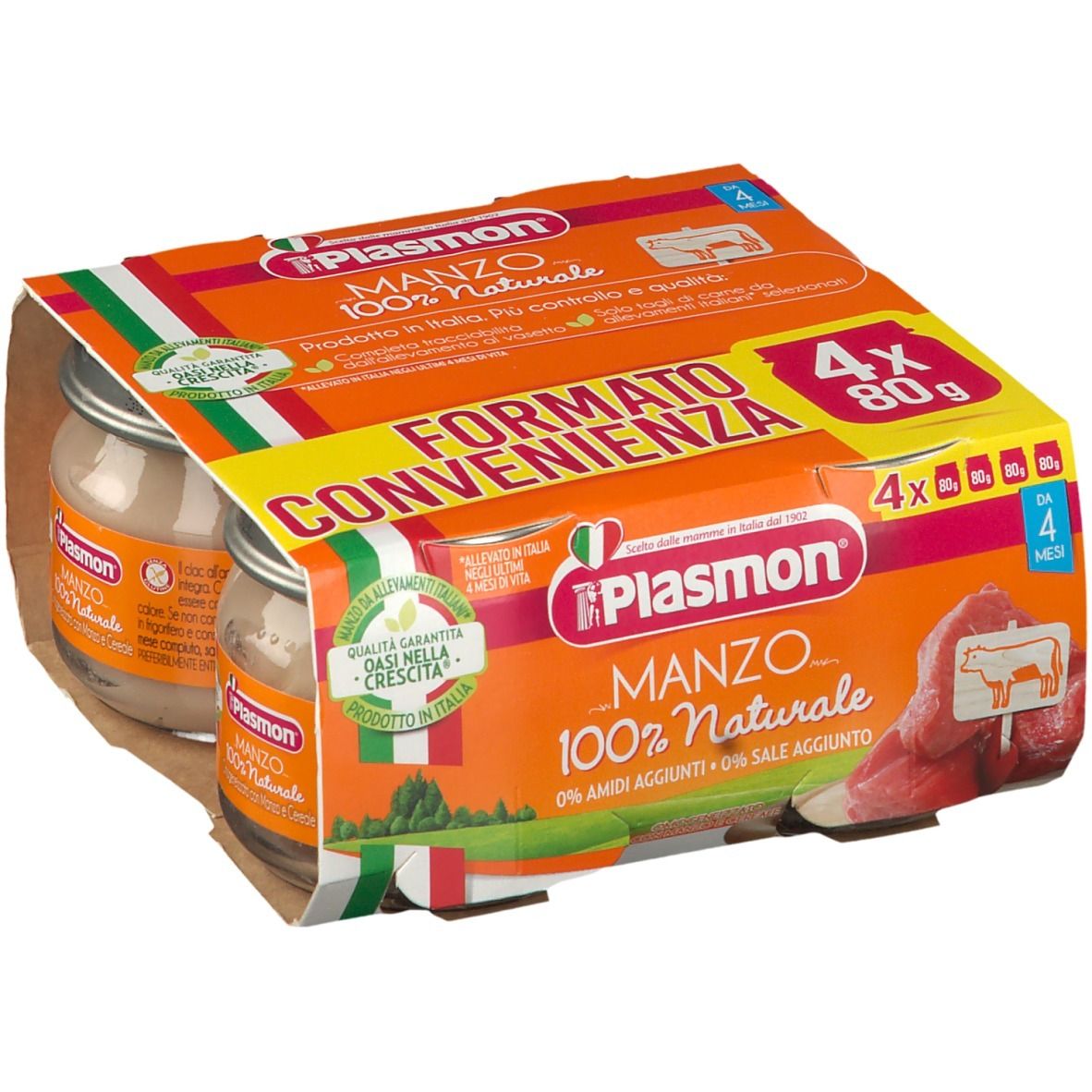 Confezione da quattro vasetti Plasmon® MANZO, 100% naturale. Confezione arancione con informazioni e bandiera italiana.