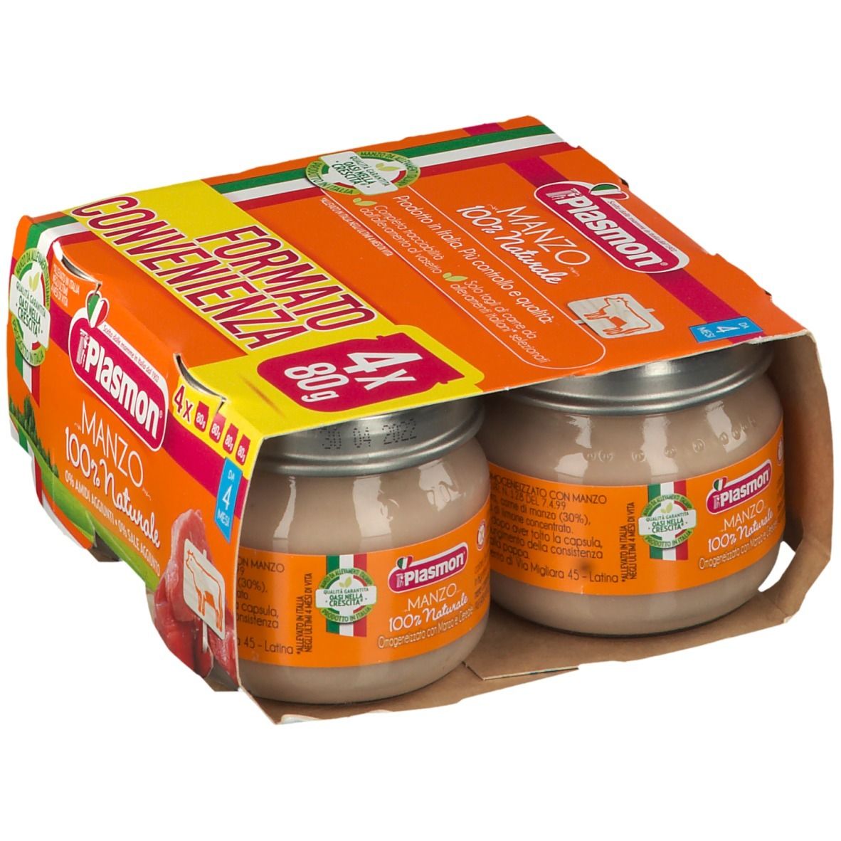 Confezione da quattro vasetti Plasmon® MANZO, 100% naturale. Confezione arancione con informazioni e bandiera italiana.