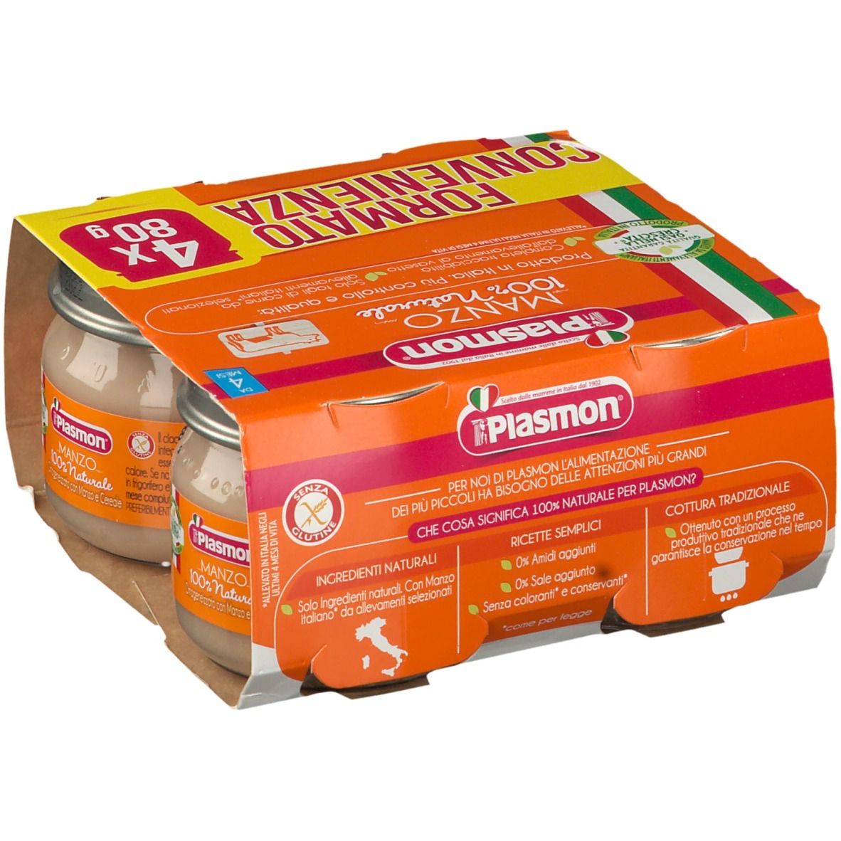 Confezione da quattro vasetti Plasmon® MANZO, 100% naturale. Confezione arancione con informazioni e bandiera italiana.