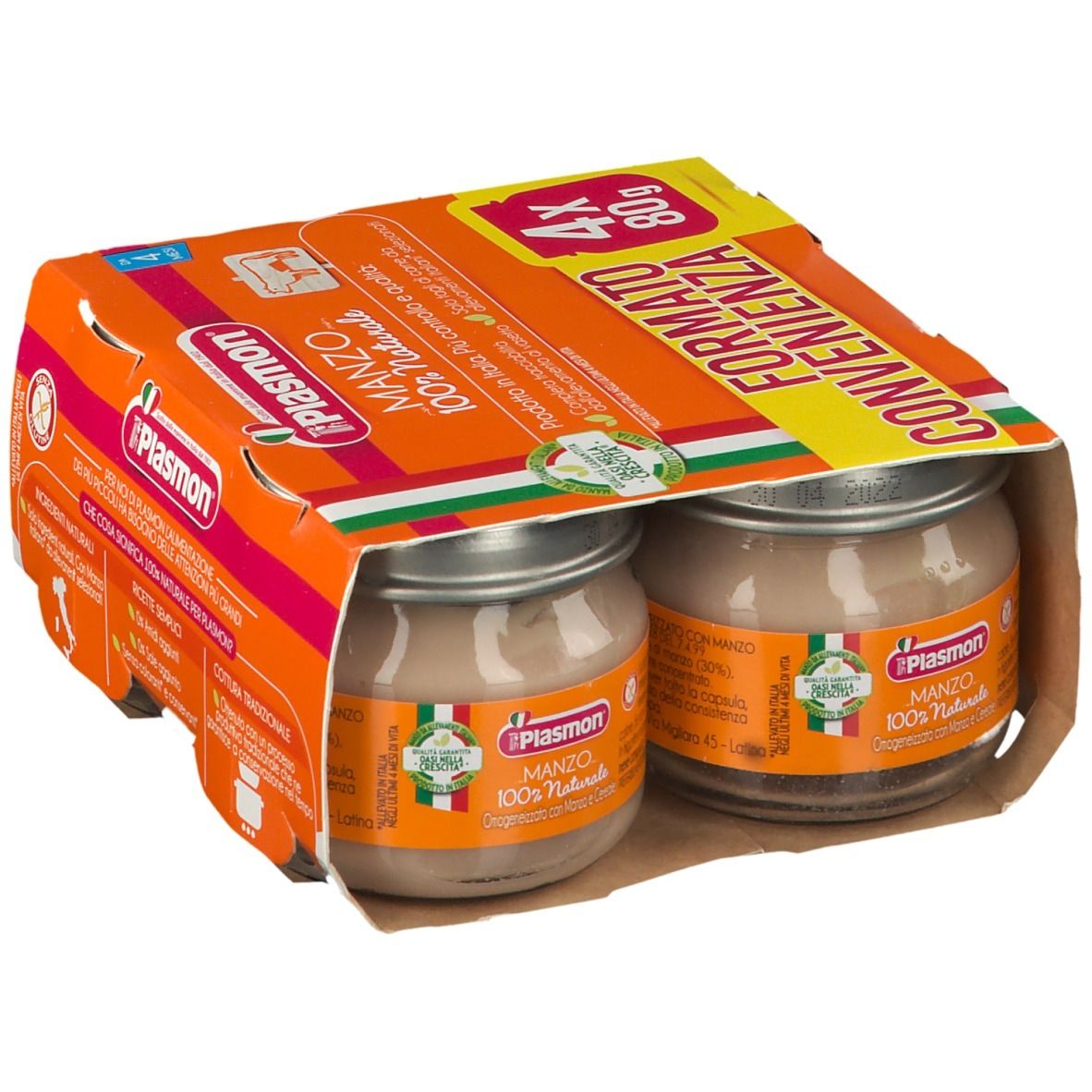Confezione da quattro vasetti Plasmon® MANZO, 100% naturale. Confezione arancione con informazioni e bandiera italiana.