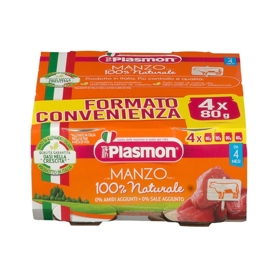 Confezione da quattro vasetti Plasmon® MANZO, 100% naturale. Confezione arancione con informazioni e bandiera italiana.