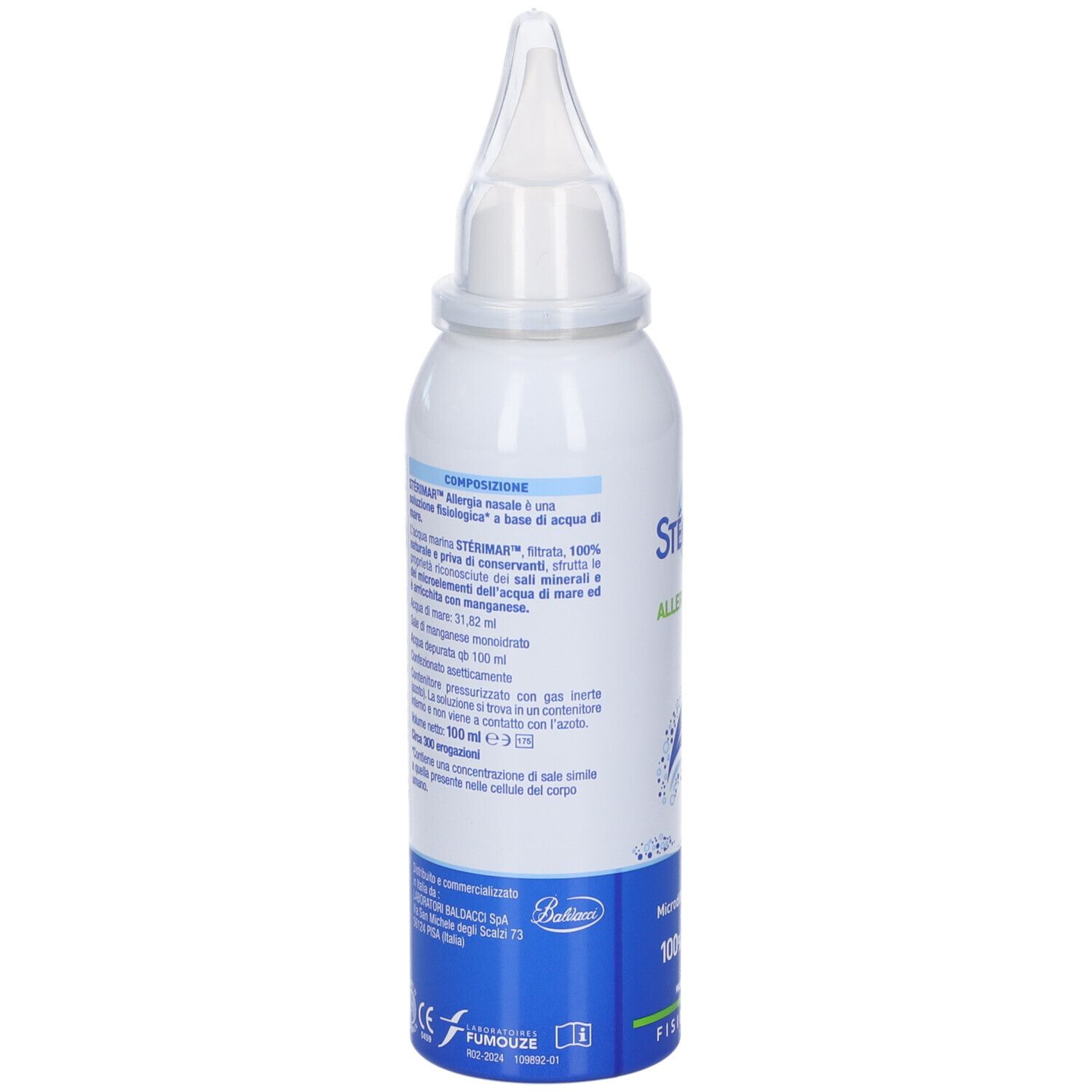 Sterimar Nasenspray mit Meereswasser. Rückseite mit Anwendungsinformationen.