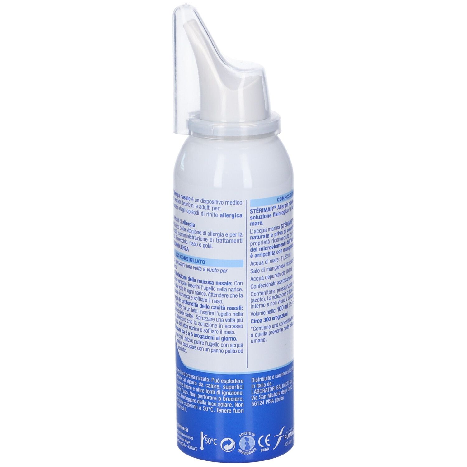 Sterimar Nasenspray mit Applikator, 100 ml, weiße Dose mit blauen Akzenten.