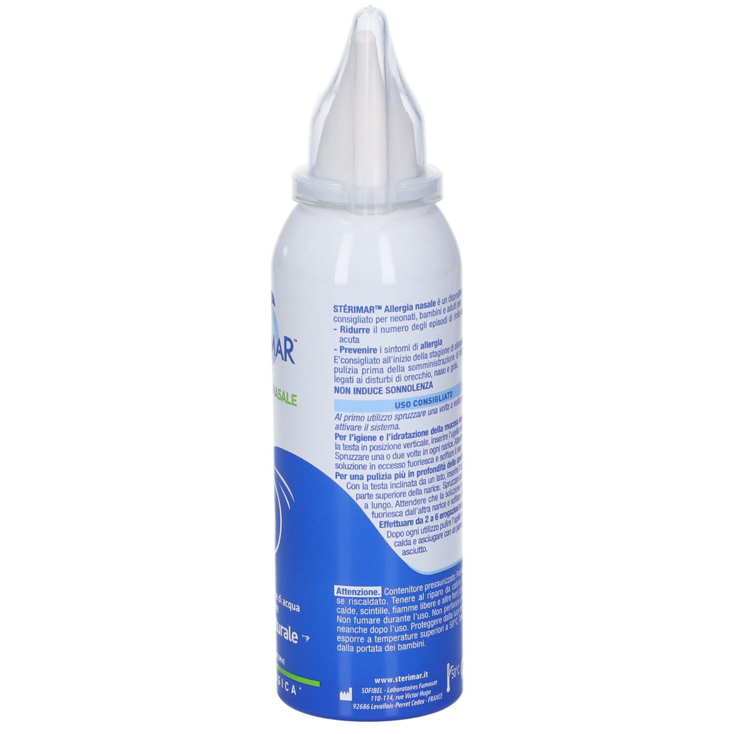 Sterimar Nasenspray mit Applikator, 100 ml, weiße Dose mit blauen Akzenten.