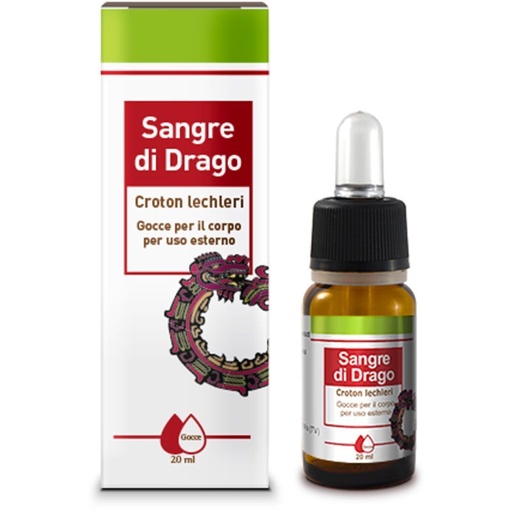 Flacone e scatola. Scritta: Sangue di Drago, Croton lechleri. 20 ml.