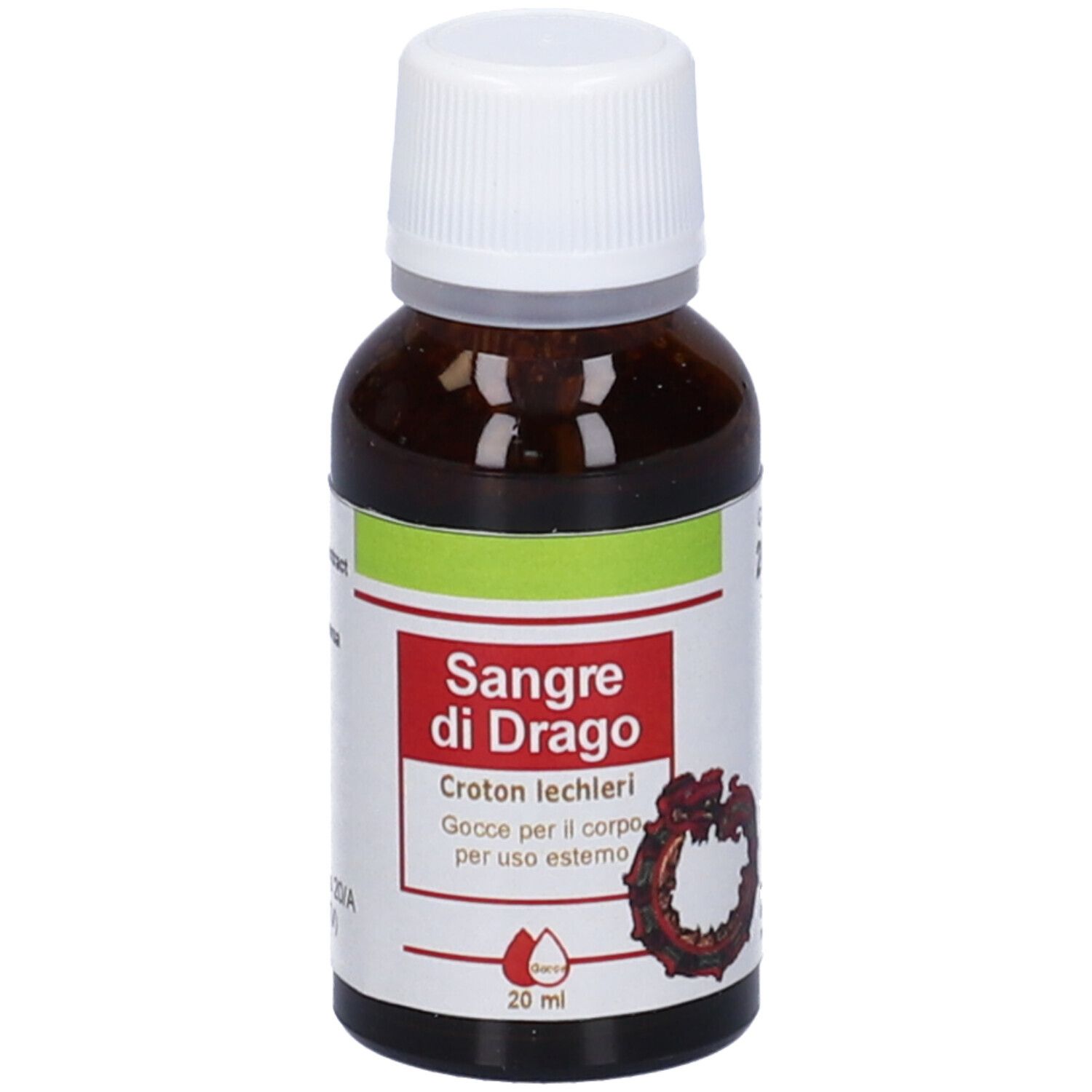 Flacone in vetro marrone con tappo bianco. Scritta: Sangue di Drago, Croton lechleri. 20 ml.