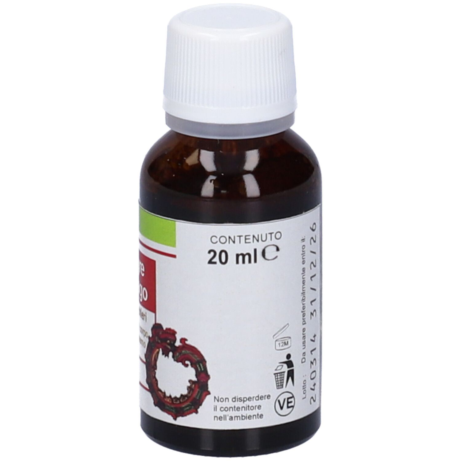 Flacone con scritta: Sangue di Drago, 20 ml. Istruzioni per lo smaltimento.