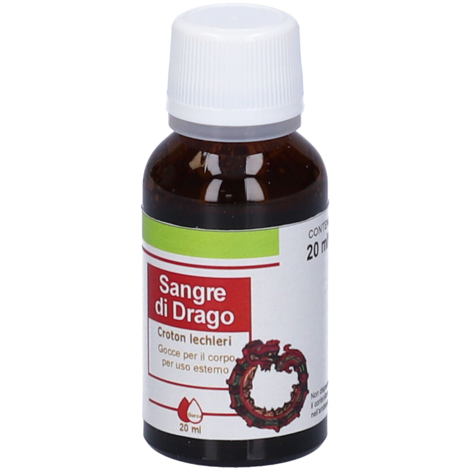 Flacone in vetro marrone con tappo bianco. Scritta: Sangue di Drago, 20 ml.