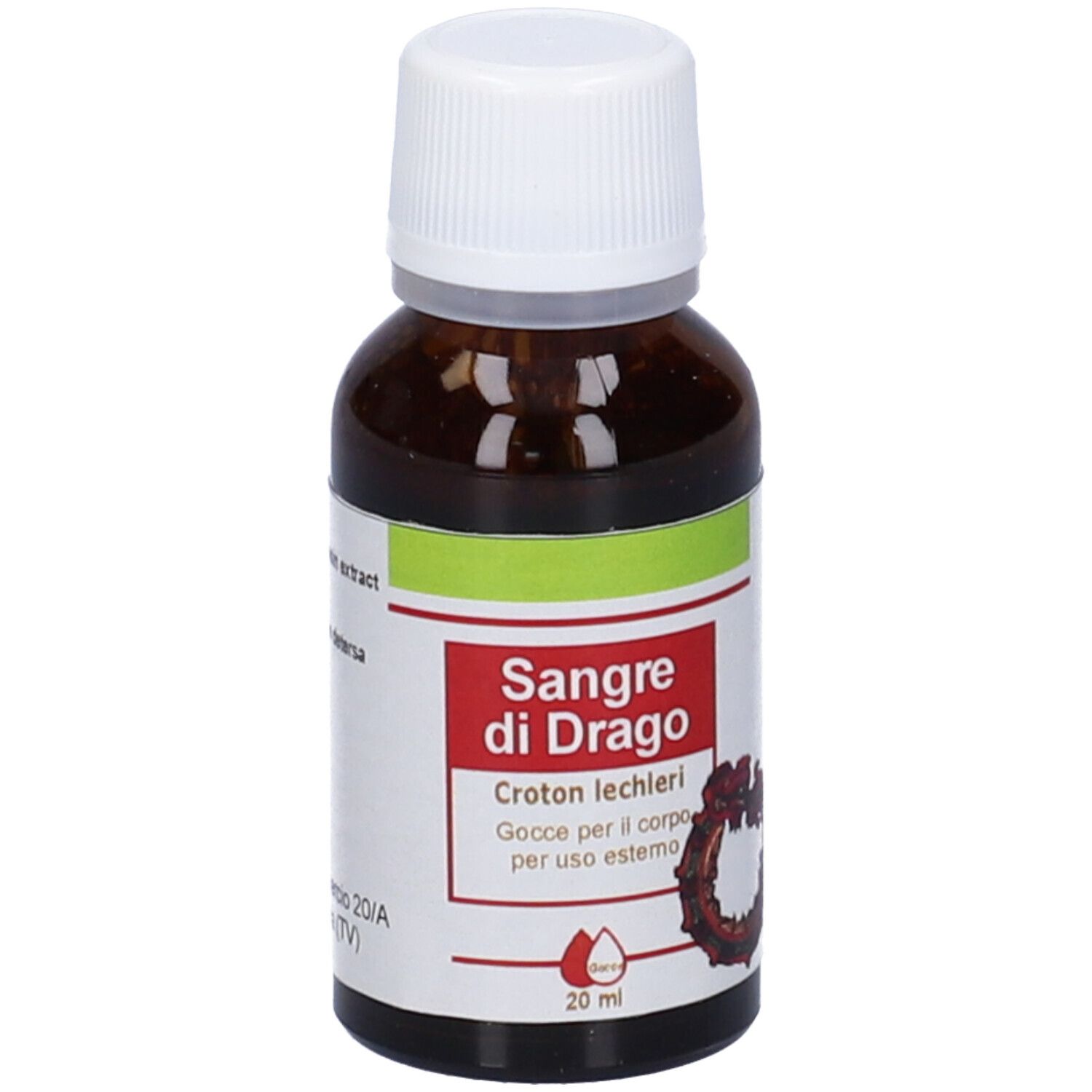Flacone in vetro marrone con tappo bianco. Scritta: Sangue di Drago, 20 ml.