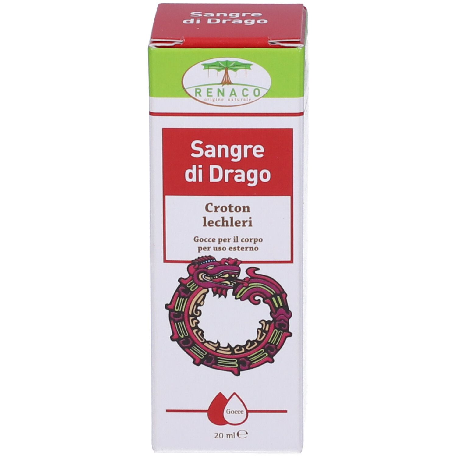 Confezione del prodotto. Scritta: Sangue di Drago, 20 ml. Marchio: RENACO.