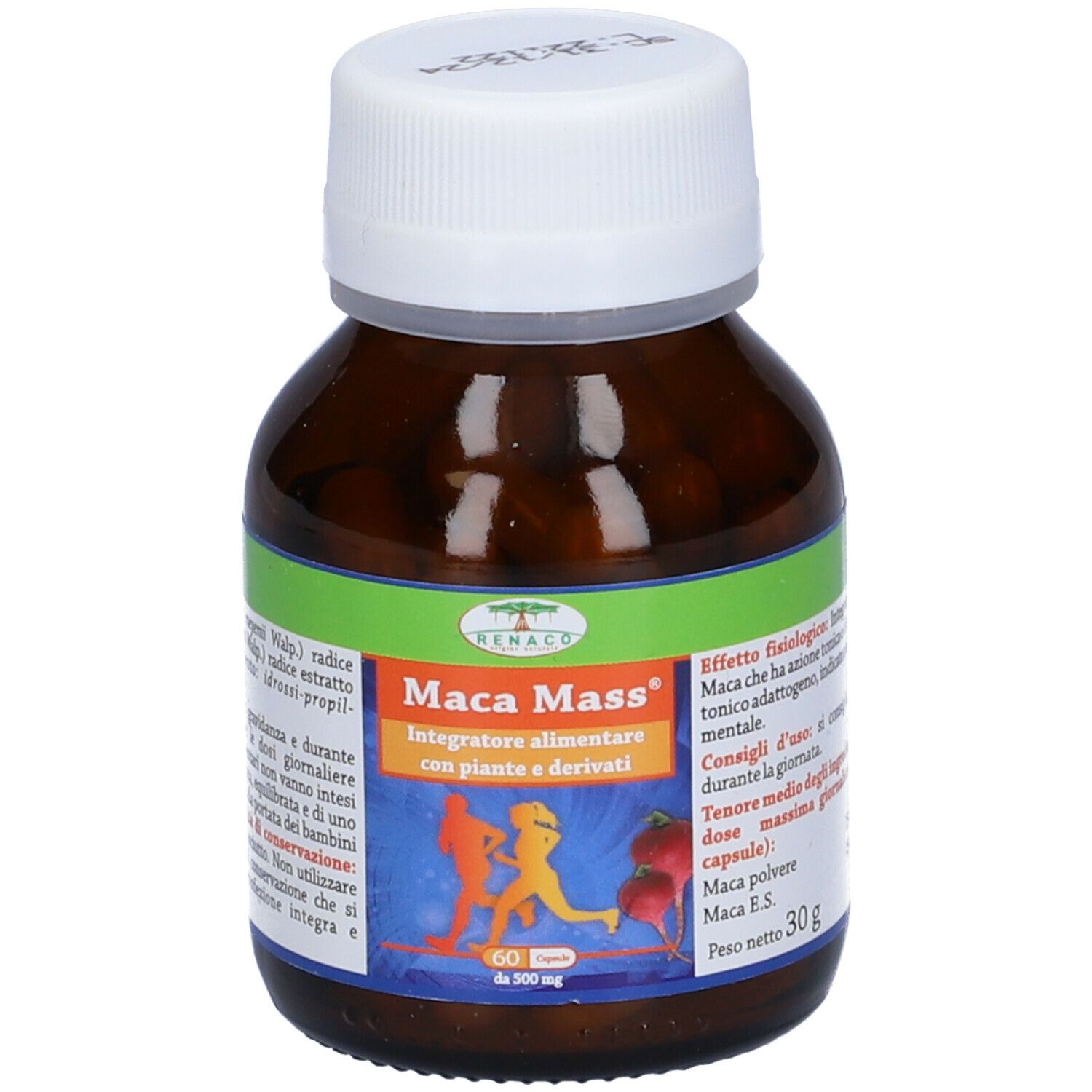 Flacone marrone con tappo bianco. Scritta: Maca Mass, Integratore alimentare con piante e derivati. 30g.