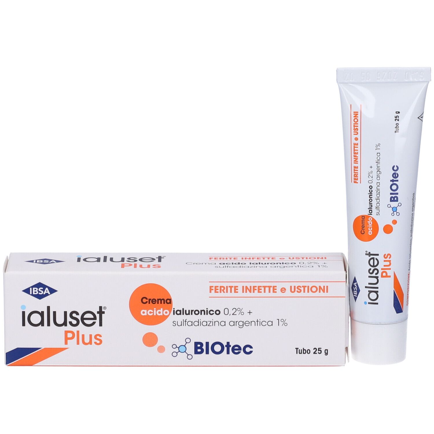 Confezione del prodotto con tubo. Testo: Ferite infette e ustioni. Marchio IBSA. Nome del prodotto.