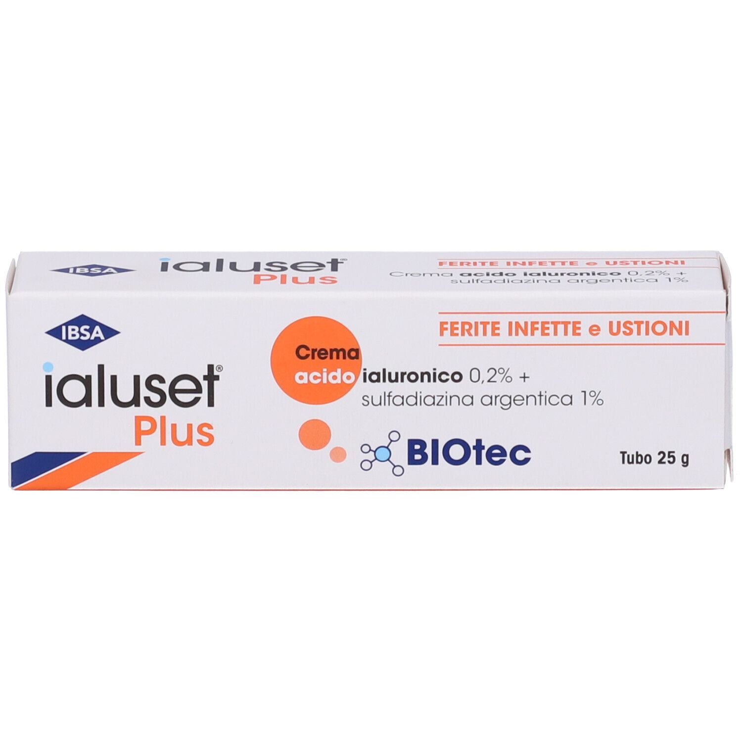 Confezione del prodotto. Testo: Ferite infette e ustioni. Marchio IBSA. Nome del prodotto.