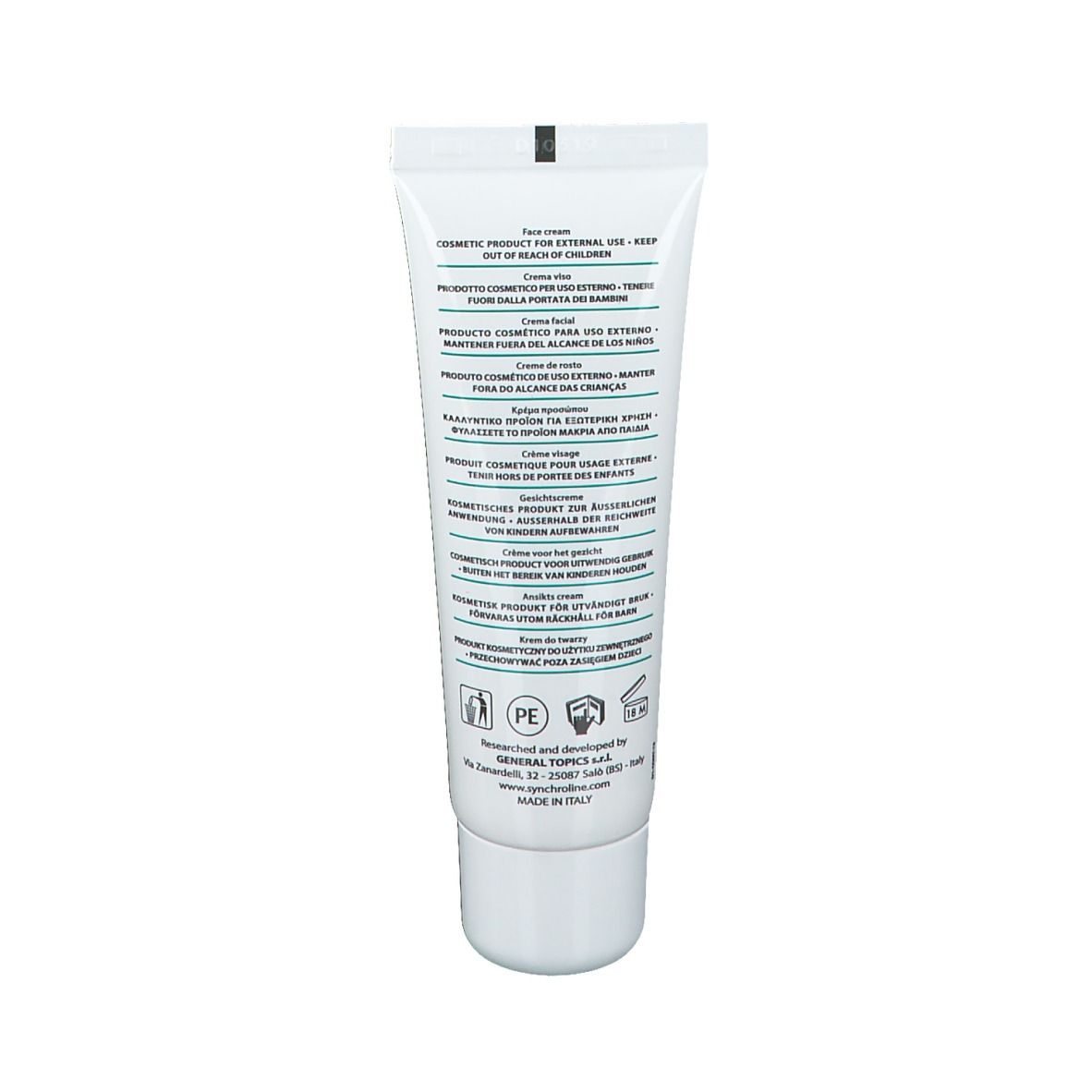 Retro di un tubo bianco. Testo multilingue. Avvertenza: Prodotto cosmetico per uso esterno. Prodotto in Italia.
