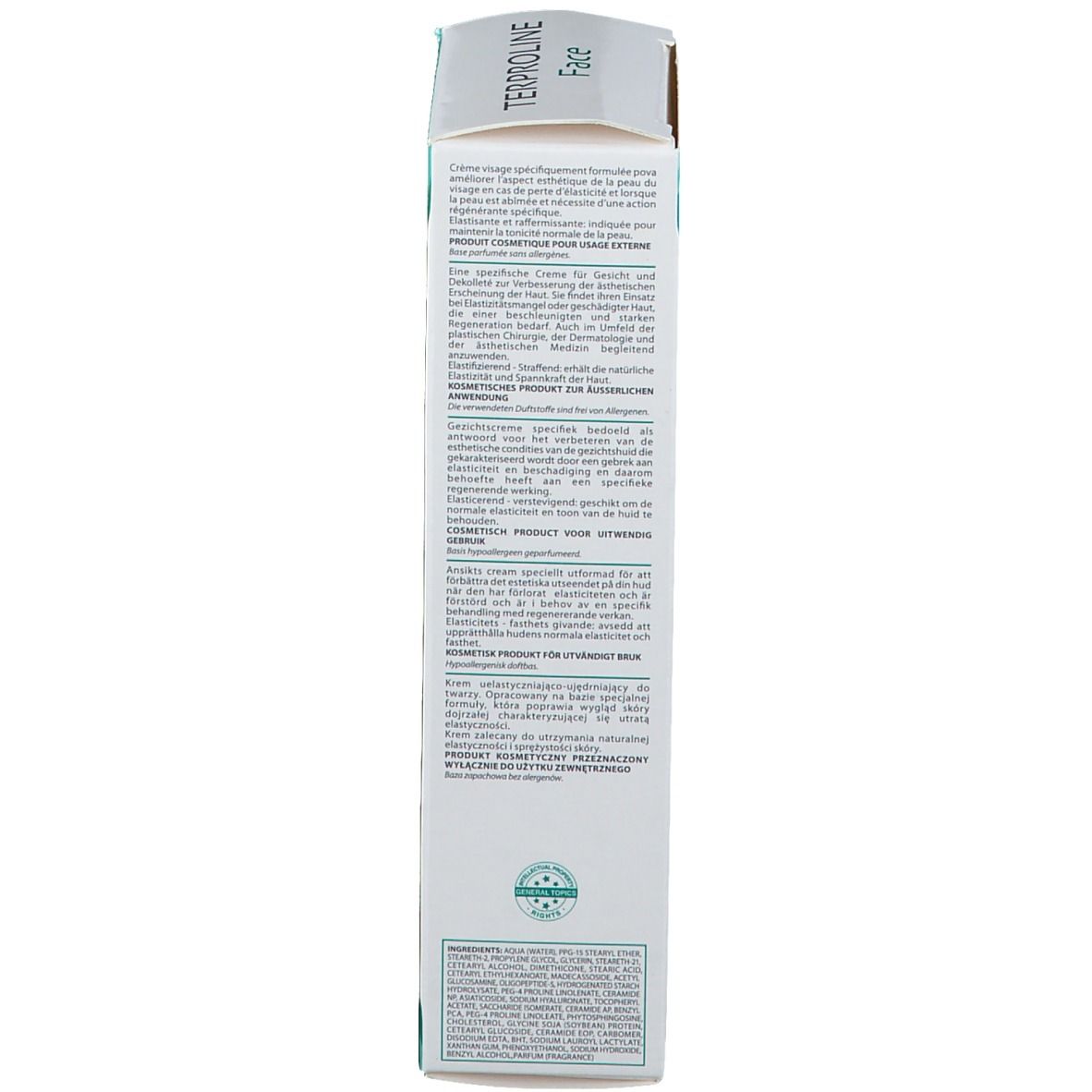 Retro della confezione del prodotto. Testo multilingue. Ingredienti. Avvertenza: Prodotto cosmetico per uso esterno.