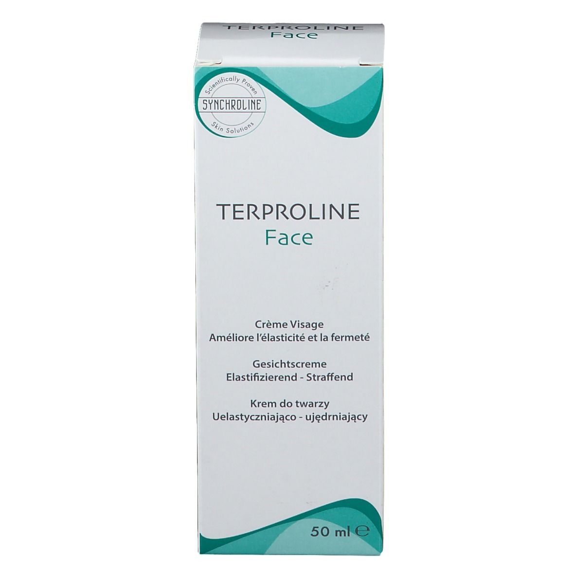 Lato della confezione del prodotto. Scritta TERPROLINE Face. Testo multilingue. 50 ml.